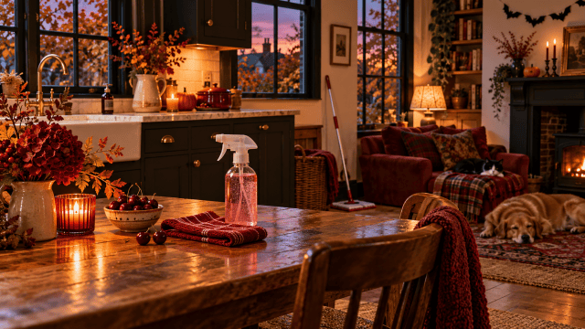 A cosy October scene for SpookyMrsGreen dot com, with black window frames, frosted cherry colours, subtle Halloween details and pets relaxing in the background.