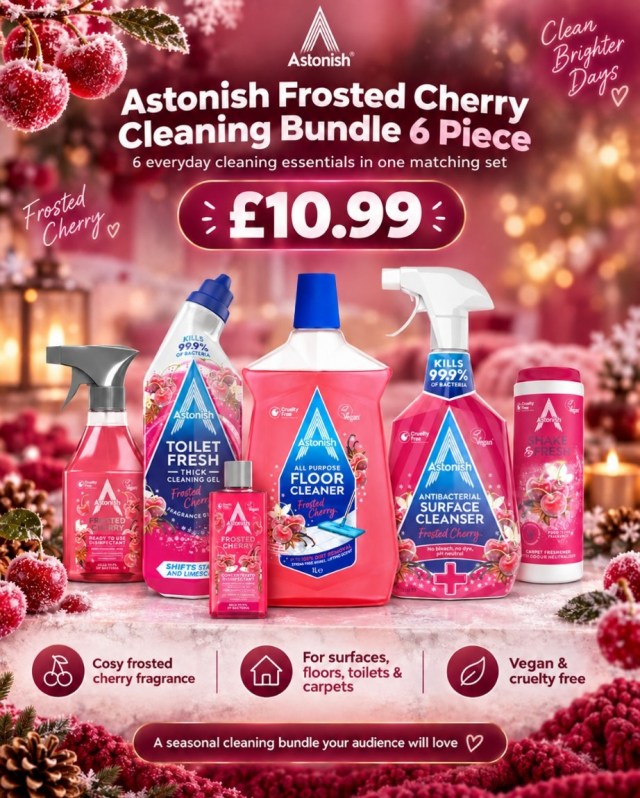 Image of Astonish Frosted Cherry cleaning bundle six everyday cleaning essentials in one matching set. Seasonal promotional article at SpookyMrsGreen dot com for Autumn cleaning routine, cosy home vibes, Halloween preparation at home, cleaning the house for Christmas. Affiliated with FabFinds.