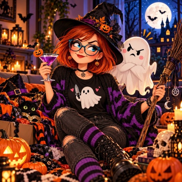 Cute, spooky and just a tiny bit furious SpookyMrsGreen reflects on perimenopause, the cost-of-living crisis, the October full moon and her Halloween cocktail party at SpookyMrsGreen dot com